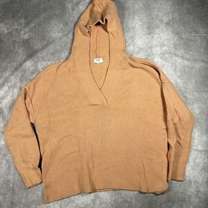 Aerie Peach Waffle Knit Hoodie Sweater Medium Oversized V-Neck Pullover Slouchy